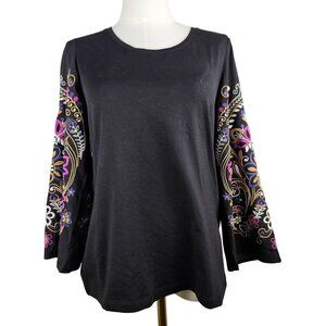 Chico's Black Embroidered Long Sleeve Top Knit Woven Size Small Boho Feminine